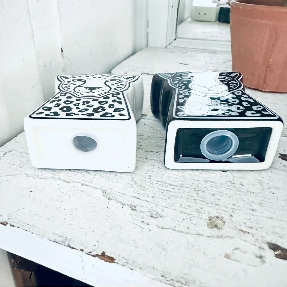Ceramic Leopard Salt & Pepper Shakers Jaguar Cheetah NEW Jungle Bohemian B&W